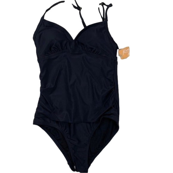 Kona Sol Black One-Piece Swimsuit Size Small Strappy Back V-Neck Ruched - Picture 1 of 6